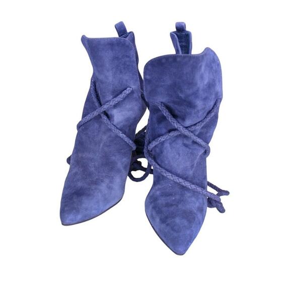 Schutz Fadhila Blue Suede High Heel Ankle Boots Pointed Toe Tassel Tie - Picture 4 of 5
